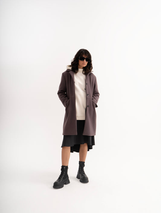 WOOL BLENDED COAT IN GREY WITH HIDDEN PLACKET