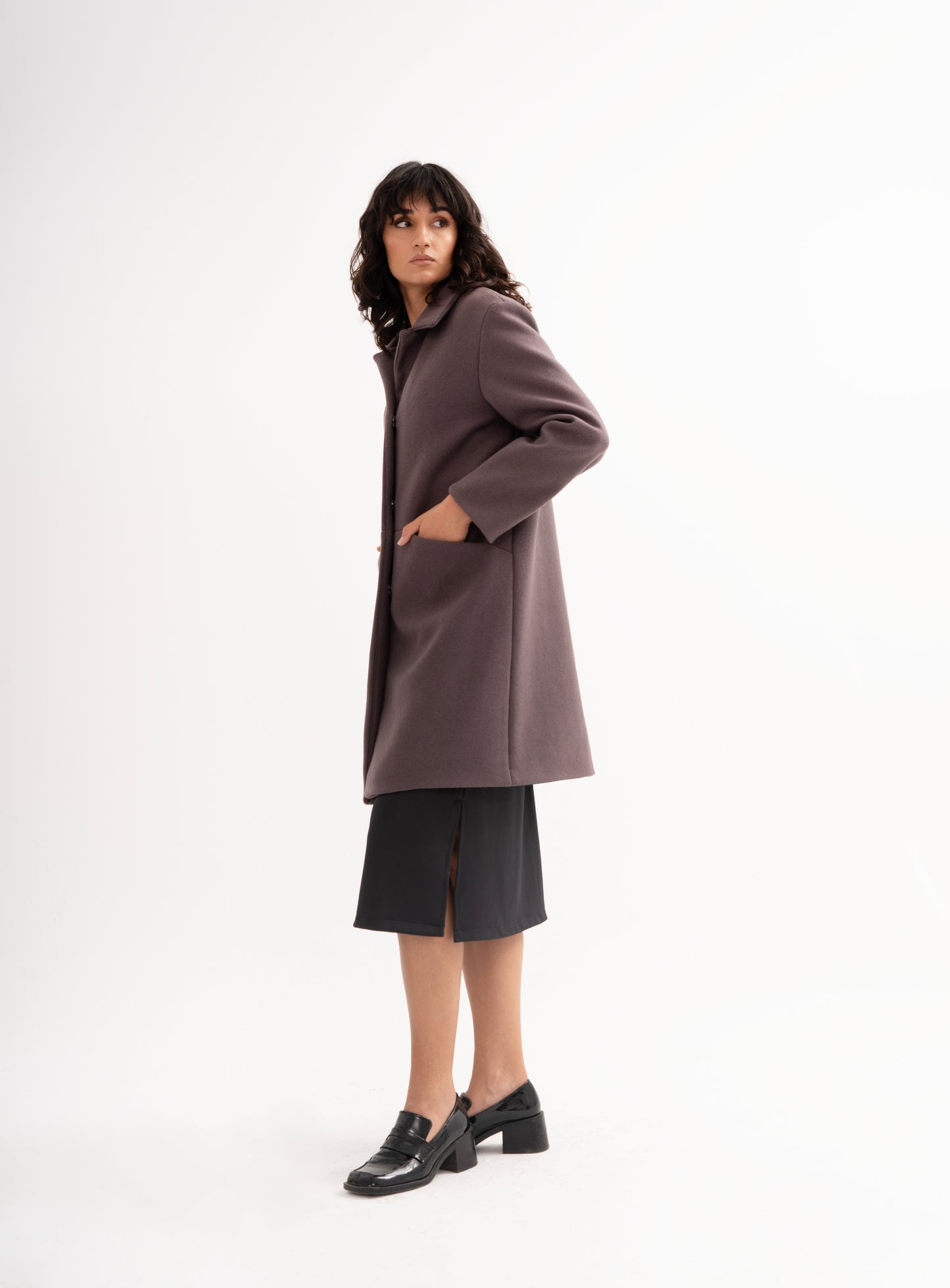 WOOL BLENDED COAT IN GREY WITH HIDDEN PLACKET